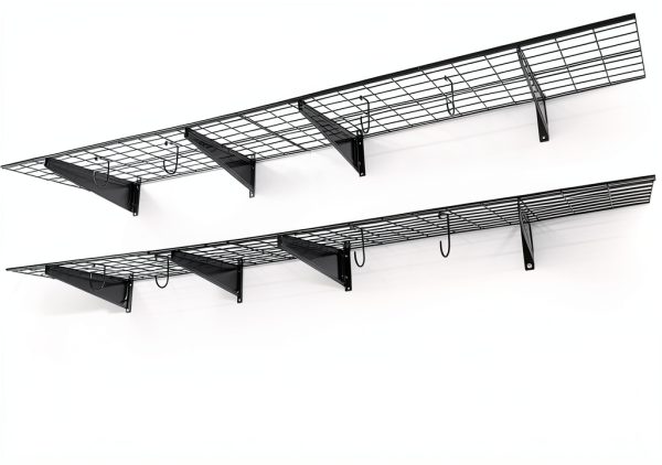 Fencer Wire Heavy Duty Wall Shelf 96in x 18in Black with 4 Hooks-0