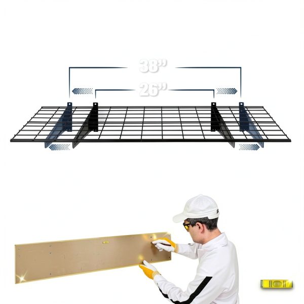 Fencer Wire Heavy Duty Wall Shelf 96in x 18in Black with 4 Hooks-5