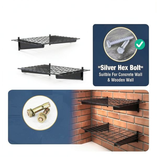 Fencer Wire Heavy Duty Wall Shelf 96in x 18in Black with 4 Hooks-4