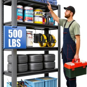 72" H Garage Shelving by EKJ 5 Tier Adjustable Metal Rack Black-0