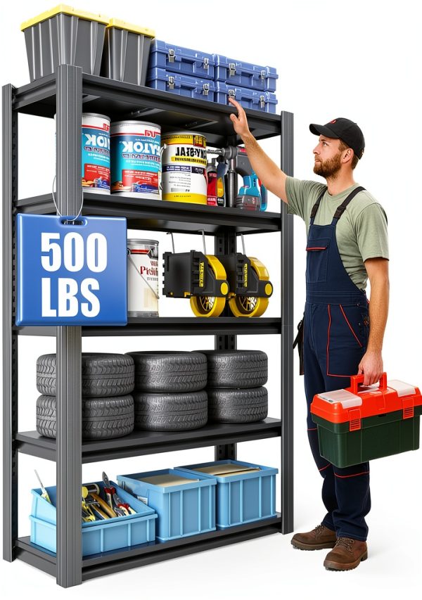 72" H Garage Shelving by EKJ 5 Tier Adjustable Metal Rack Black-0